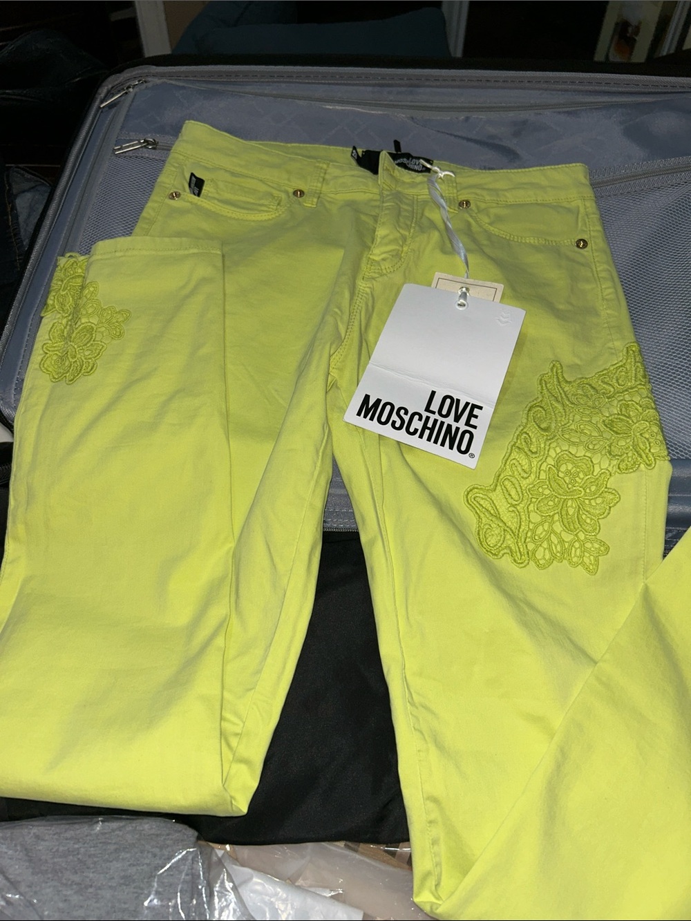 Love Moschino Neon Yellow Skinny Jeans with Floral Appliqué
